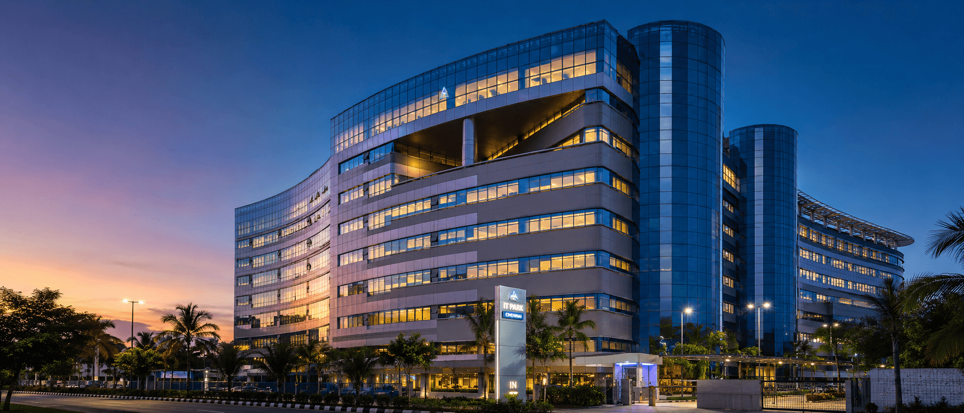 TECCI Park building exterior at twilight