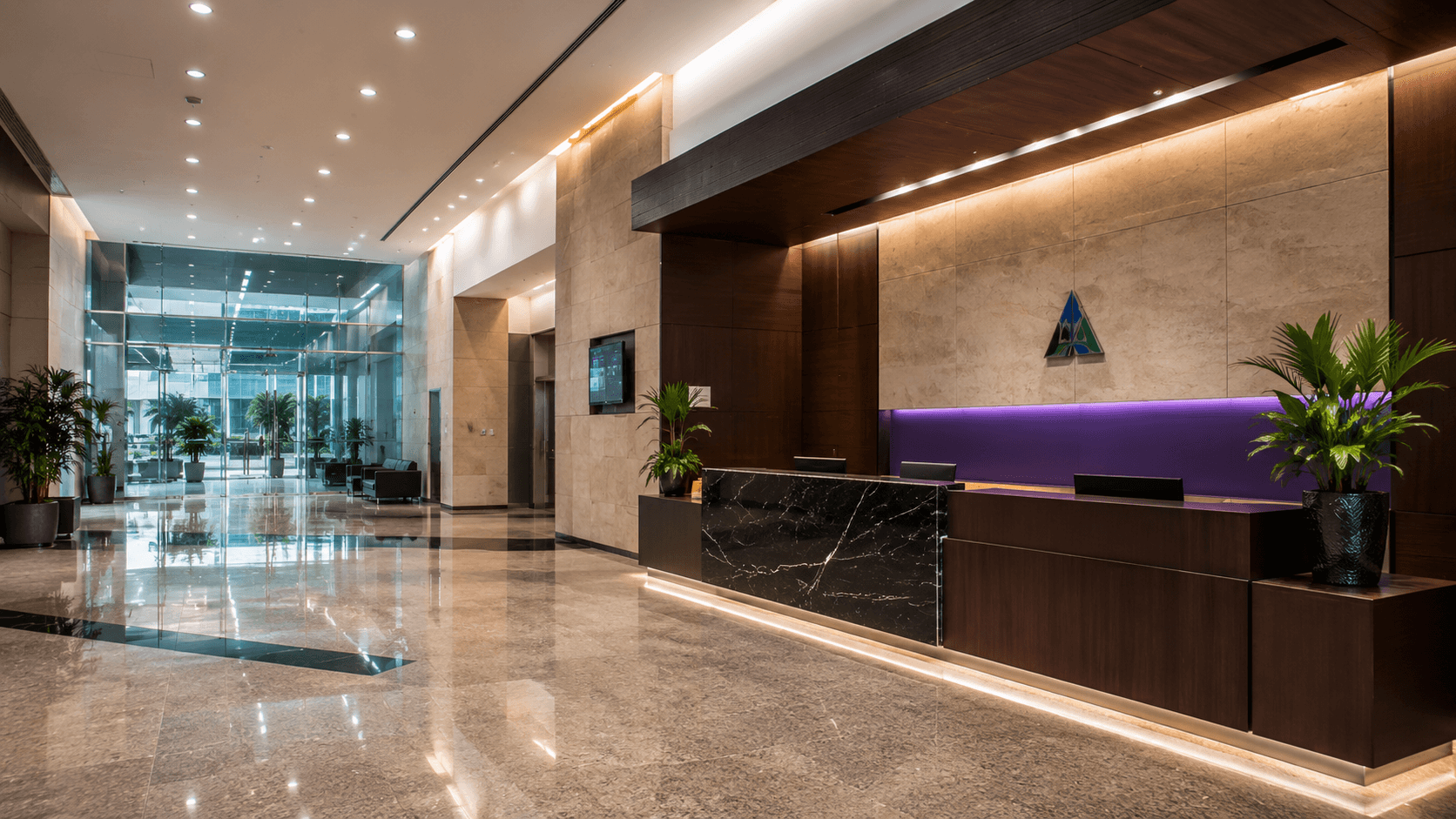 TECCI Park lobby interior with marble flooring and purple accents