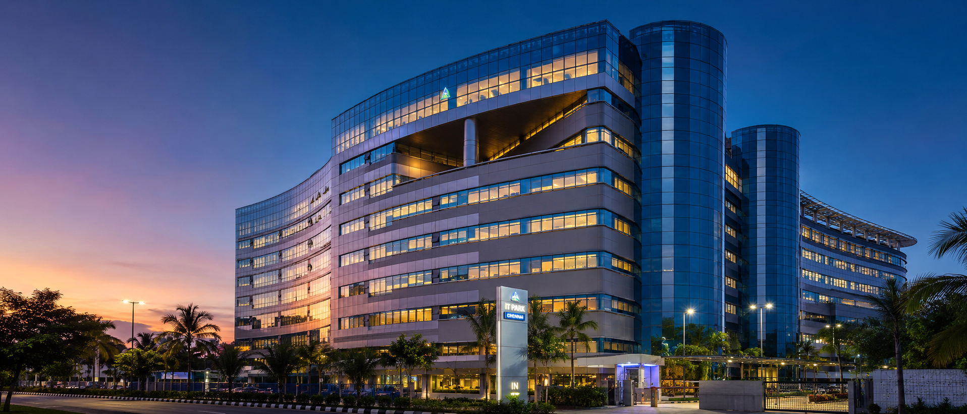 TECCI Park exterior at twilight with warm interior lighting