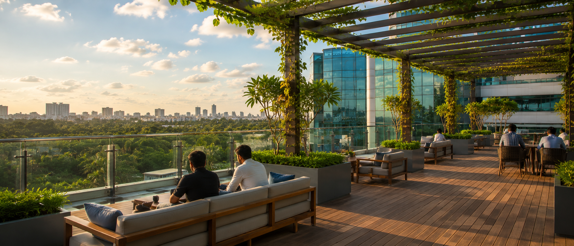 Rooftop terrace and breakout area with Chennai skyline views